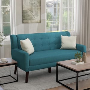 62.99 in. W Modern Light Blue Straight Arm Linen Upholstered Button 2-Seater Loveseat with 2-Pillows