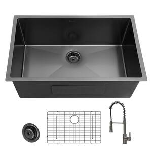 Gunmetal Black Stainless Steel 27 in. 18-Gauge Single Bowl Undermount Kitchen Sink with Black Spring Neck Faucet