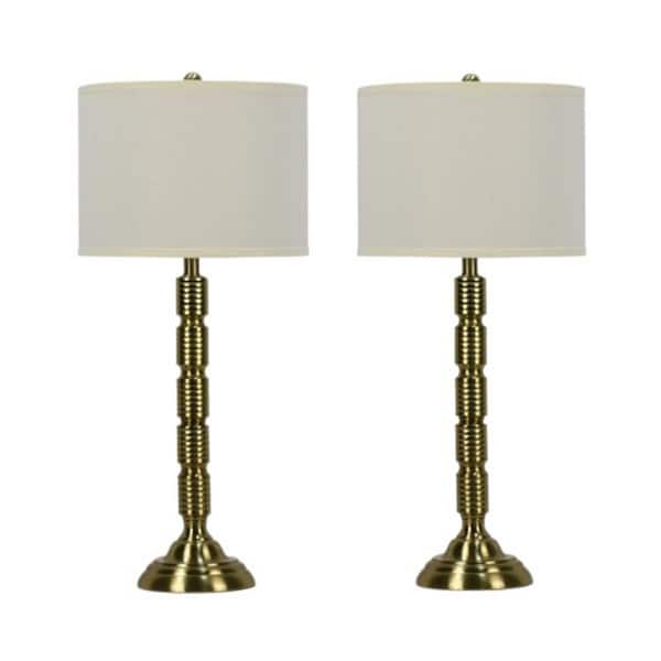 Pair of 30.25 in. Soft Gold Industrial Ribbed Metal Column Table Lamps with Designer Shades