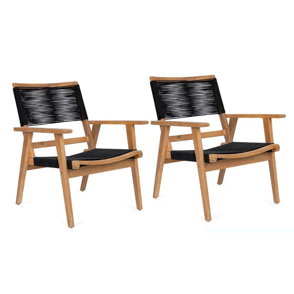 Brown Wood Outdoor Dining Chair in Black Set of 2, Outdoor Conversation Sec