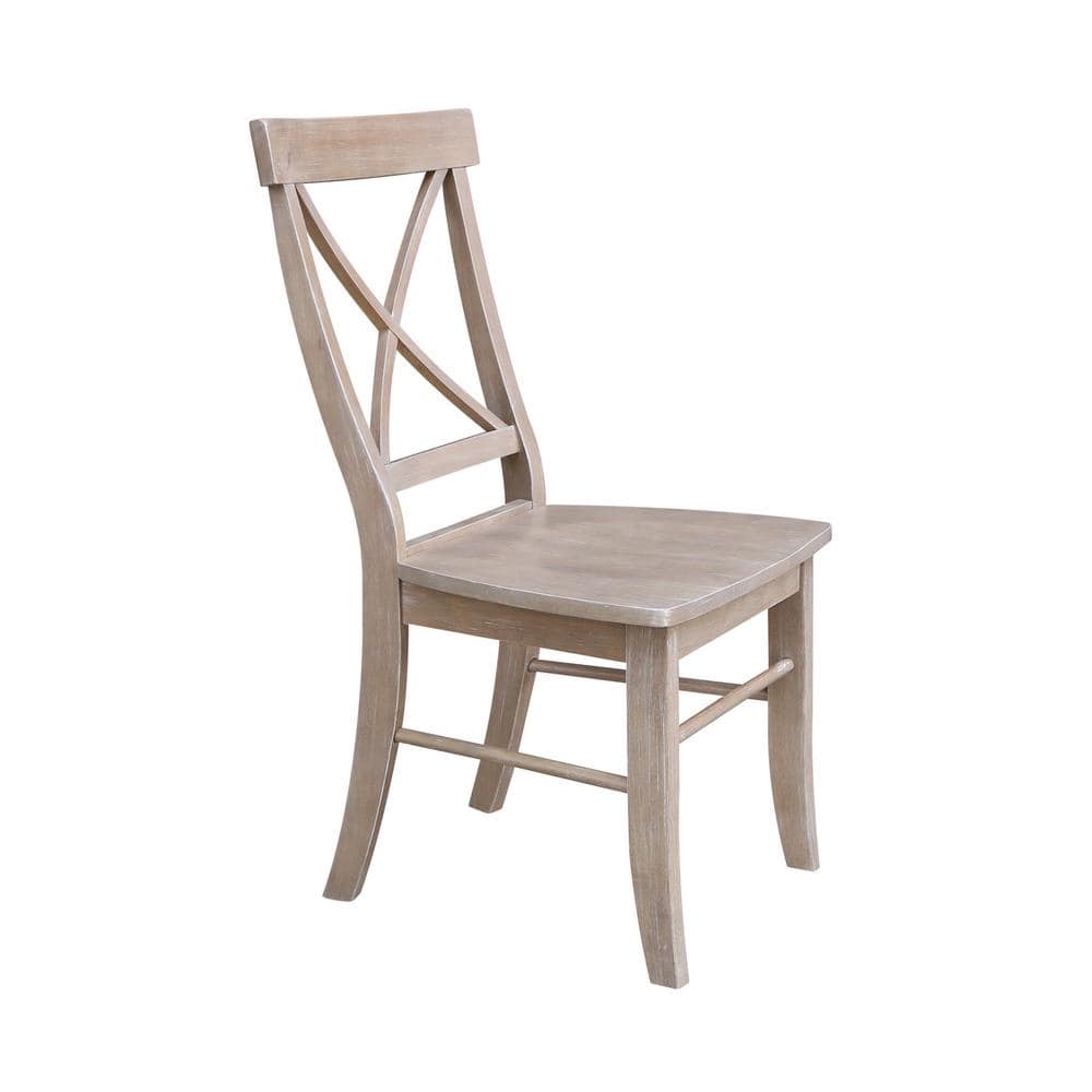 Washed Gray Taupe Solid Wood X-Back Dining Chairs, Set of 2