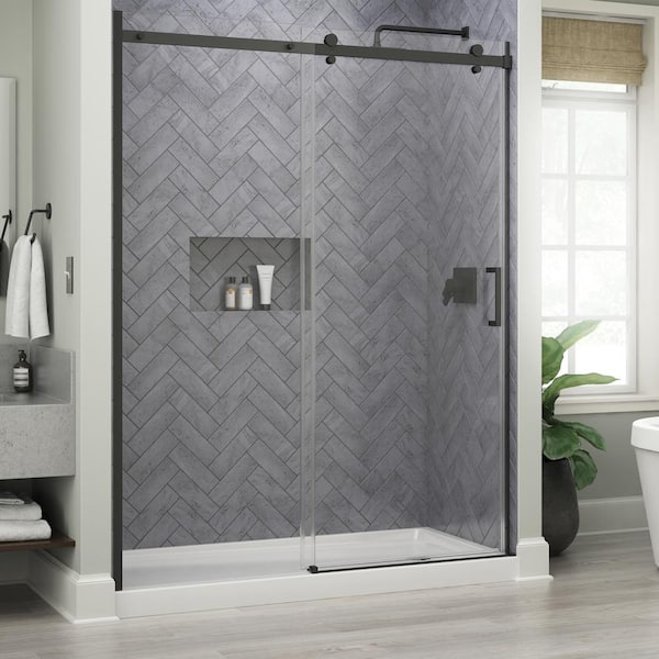 Delta 60 in. W x 76 in. H Sliding Frameless Shower Door in Matte Black with Clear Glass