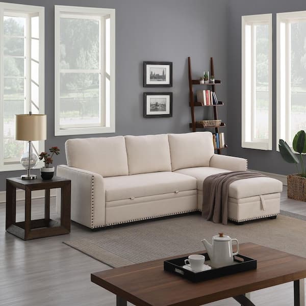 Reversible 90.5 in. White Velvet Sleeper Sectional Sofa L-Shape 3-Seat Sectional Couch with Storage