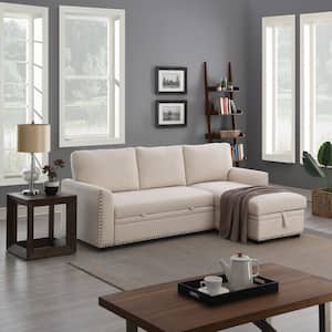 Reversible 90.5 in. White Velvet Sleeper Sectional Sofa L-Shape 3-Seat Sectional Couch with Storage