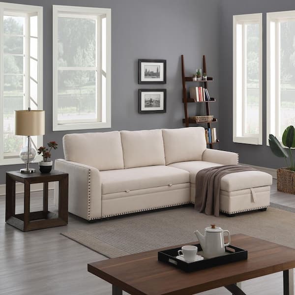 Morden Fort Reversible 90.5 in. White Velvet Sleeper Sectional Sofa L-Shape 3-Seat Sectional Couch with Storage