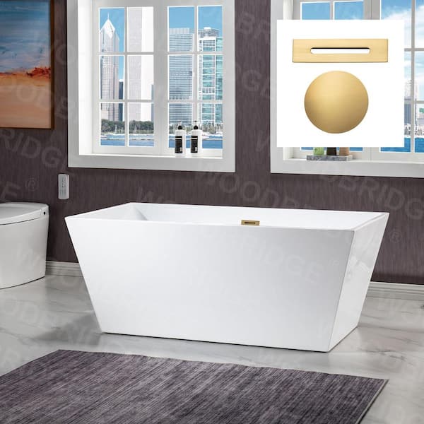 WOODBRIDGE Domme 59 in. Acrylic Flatbottom Rectangle Bathtub with Brushed Gold Overflow and Drain Included in White