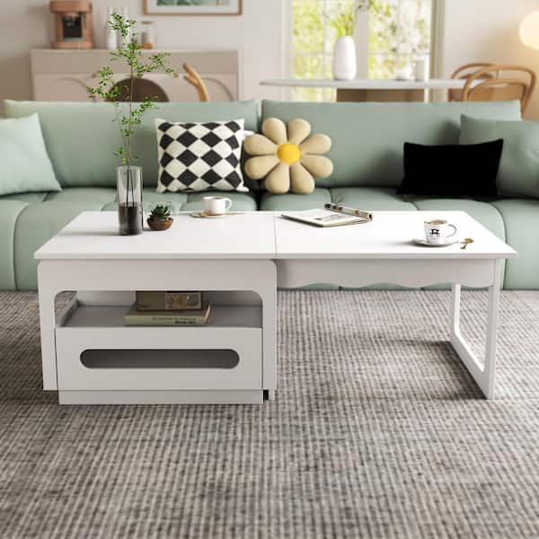 IDEAGLE 52 in. White Rectangle Particle Board Coffee Table with Storage Cabinet 3 in 1 Deformed Farmhouse Coffee Tables w/Drawer