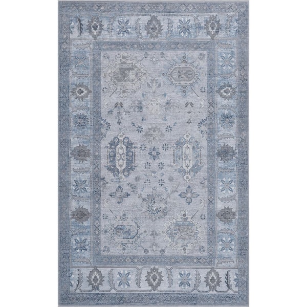 Kisara Oushak Style Distressed Border Non-Slip Machine-Washable Blue/Light Gray 4 ft. x 6 ft. Area Rug