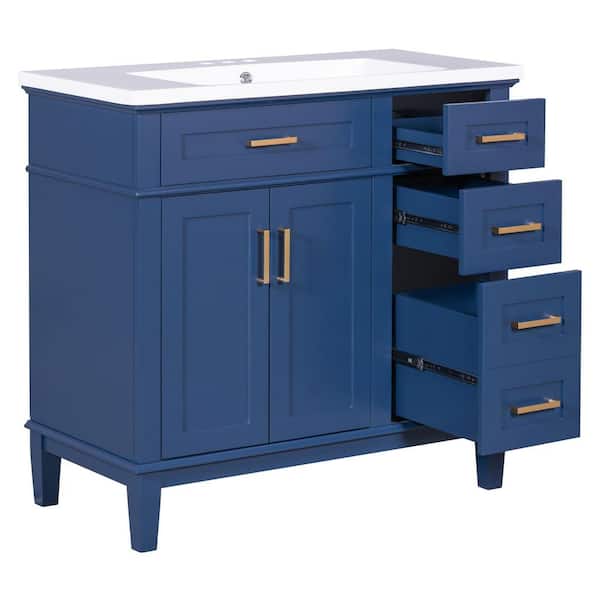 36 in. W Single Sink Freestanding Bath Vanity in Blue with White Ceramic Top, 2-Soft Close Doors and 4-Drawers