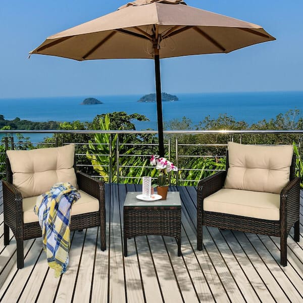 ANGELES HOME 3-Piece PE Rattan Patio Conversation Set with Beige Cushions and Tempered Glass Tabletop