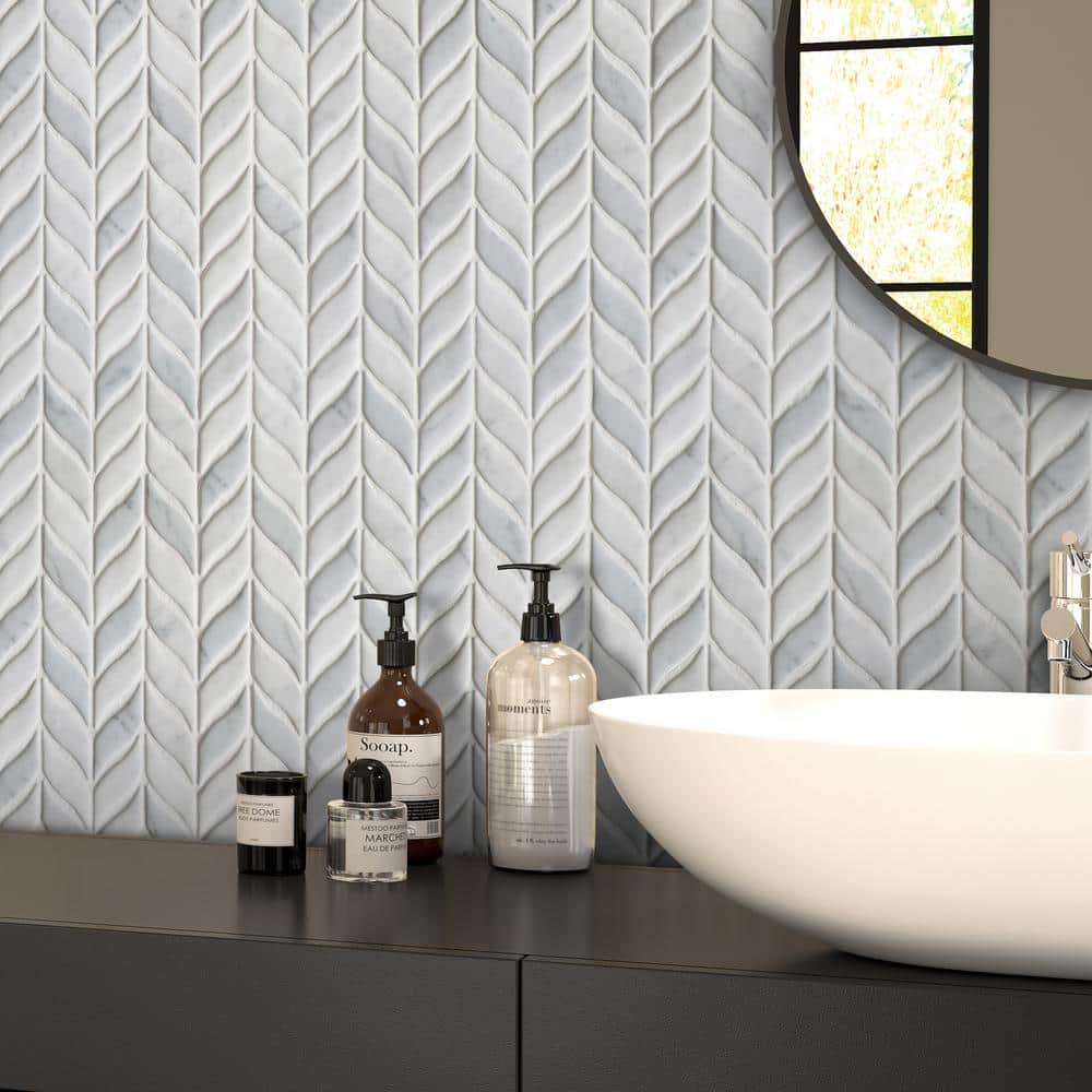 White Calacatta Recycled Glass Leaf Mosaic Tile