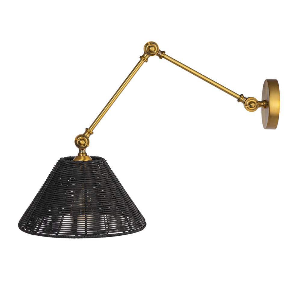 Adjustable Antique Brass Wall Sconce with Black Woven Rattan Shade