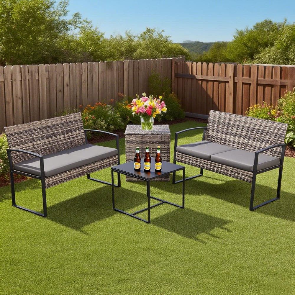 4-Piece Gray Metal Patio Conversation Set with Drak Gray Cushions ZN ...