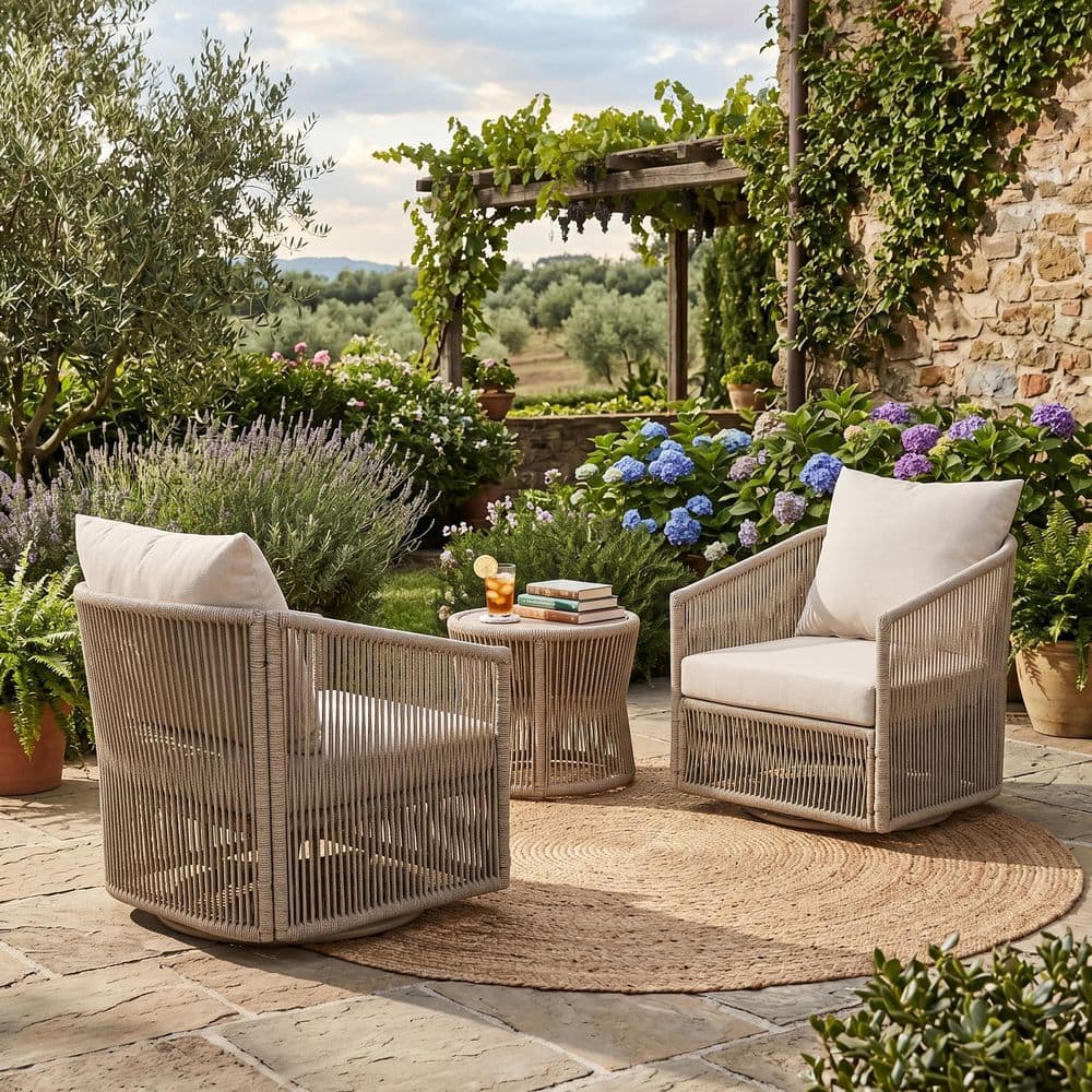 Sasha Patio 360° Swivel Chair Sand PE Rattan and Metal Outdoor Lounge Chairs with Beige Cushions, Set of 2 price history on PriceWatchPro