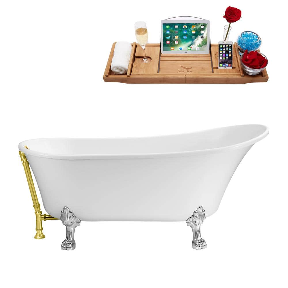 63 in. Acrylic Clawfoot Non-Whirlpool Bathtub in Glossy White With Polished Chrome Clawfeet And Polished Gold Drain -  Streamline, N342CH-GLD