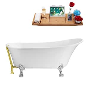 63 in. Acrylic Clawfoot Non-Whirlpool Bathtub in Glossy White With Polished Chrome Clawfeet And Polished Gold Drain