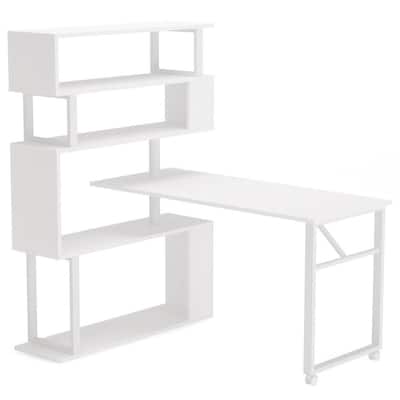 Halsey 47 in. W Reversible L-Shaped White Wood Corner Computer Desk Writing Studying Reading Desk 5-Tier Storage Shelves