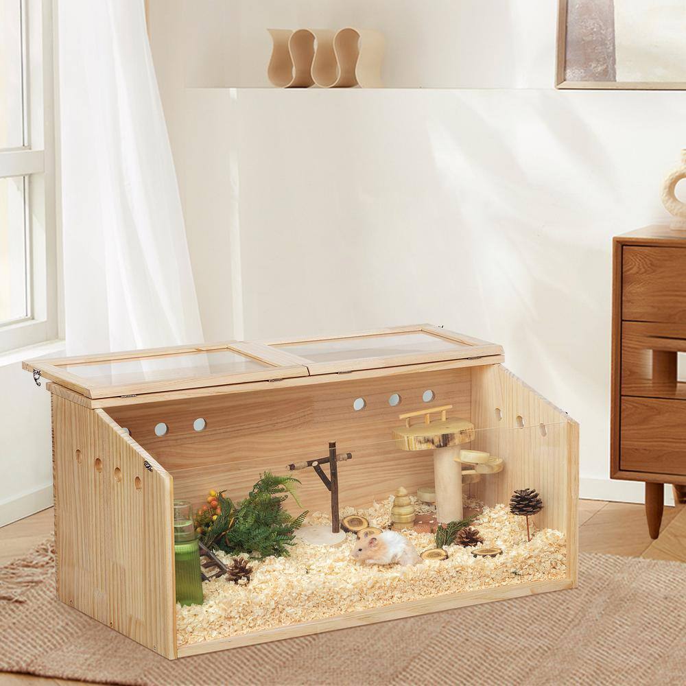 Natural Pinewood Hamster Cage with Acrylic Roof and Panels