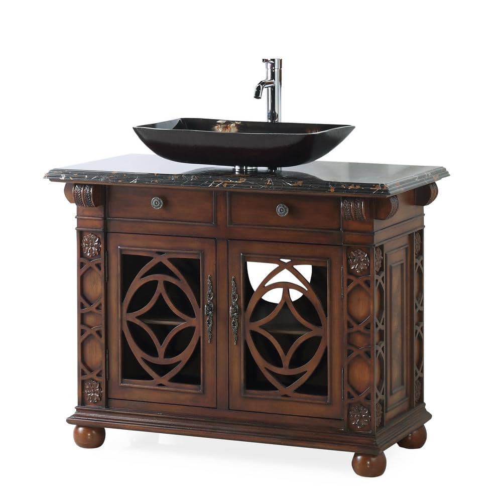 Cherry Wood Freestanding Vanity with Black Marble Top and Glass Vessel Sink