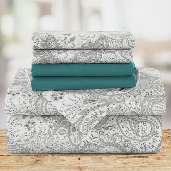 6-Piece Queen White Gray Paisley Pattern Microfiber Sheet Set with Deep Pocket Fitted Sheet and Pillowcases