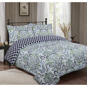 Provence Paisley 3-Piece Blue and White Cotton Full/Queen Comforter Set