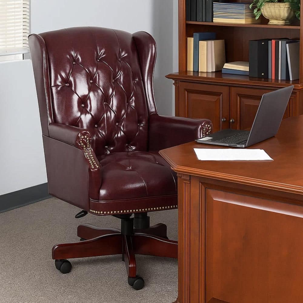Benjara Saily Vinyl Oversized Task Chair in Burgundy and Brown
