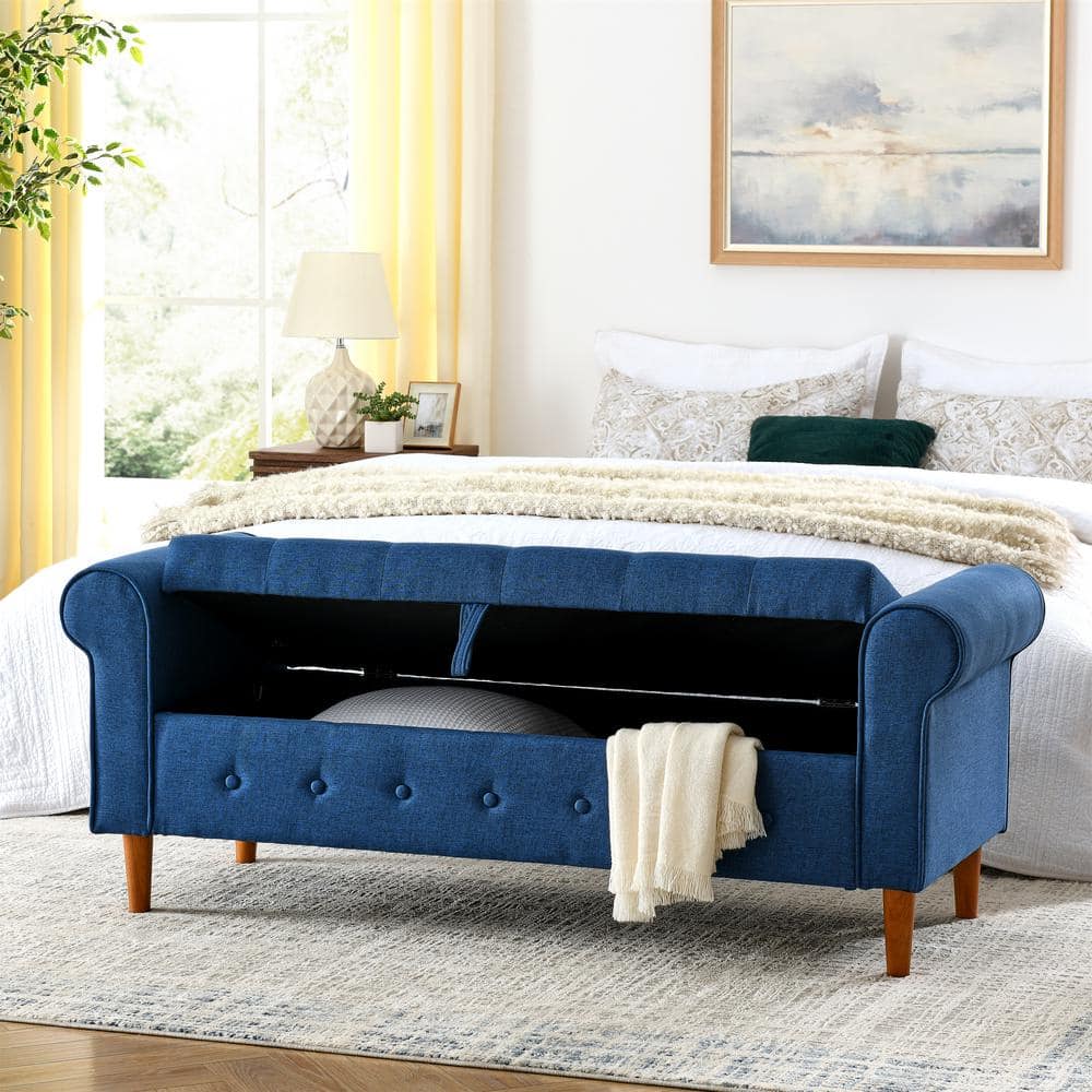 Blue Linen Tufted Storage Bench with Rolled Arms