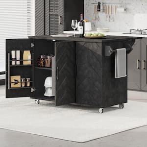 Retro Distressed Black Wave Stripes Ash Veneer Wood Kitchen Cart with Drop-Leaf, Door Internal Racks, 4-Wheels