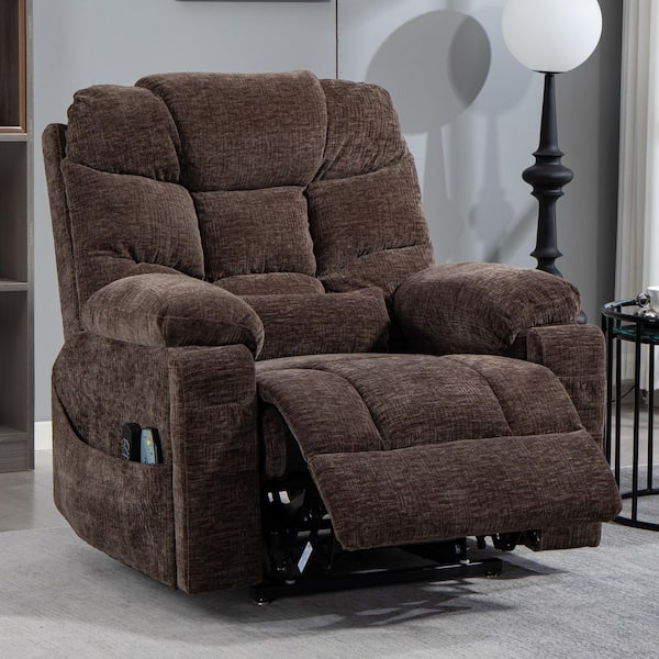 Functional Oversized Comfort Chenille Power Lift Recliner with Wireless Charging, Cup Holder, Massage and Heating-Brown