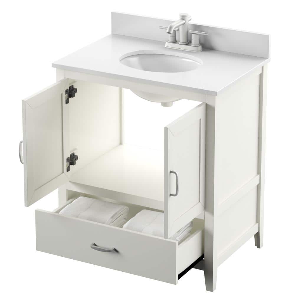 White Wood 30" Freestanding Single Bathroom Vanity with Stone Top