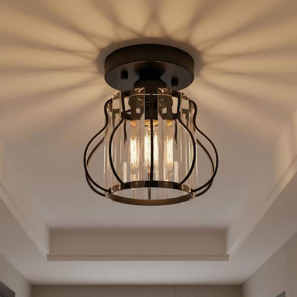 YANSUN 7 in. 1-Light Black Pear Crystal Mini Ceiling Light, Round