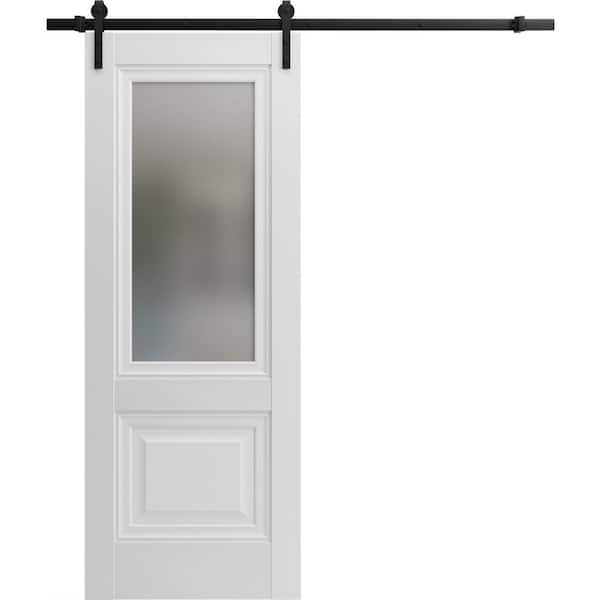36 in. x 84 in. 1 Panel Frosted Glass White Solid Wood Sliding Barn Door with Hardware Kit