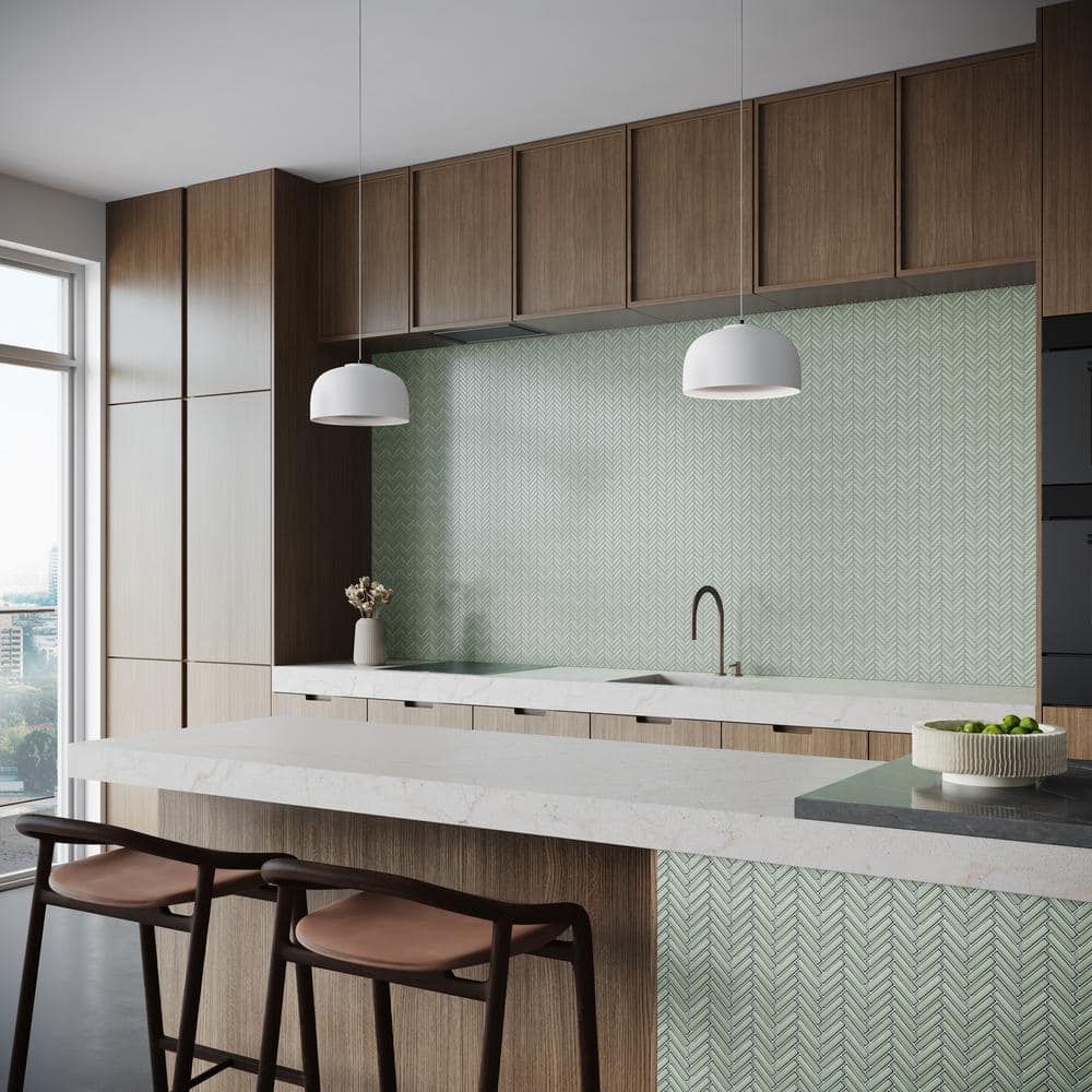 Mint Green Glossy Porcelain Herringbone Mosaic Tile 11.14 in. x 11.14 in.