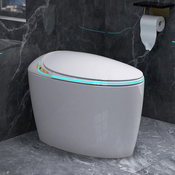 Egg Shaped Elongated Smart Bidet Toilet 1.28 GPF in White with Auto Auto Open/Flush, Foot Sensor, Night Light