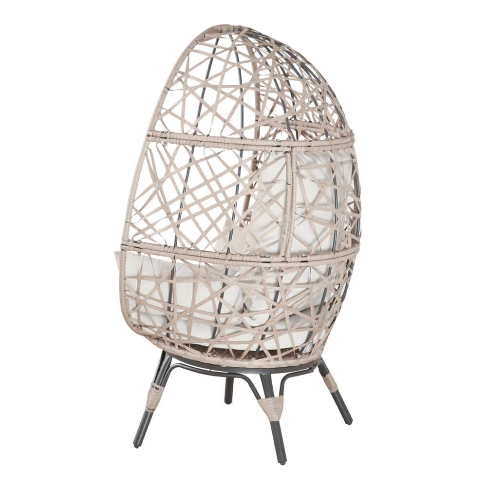 Beige Wicker Teardrop Egg Chair with Cushions and Steel Frame