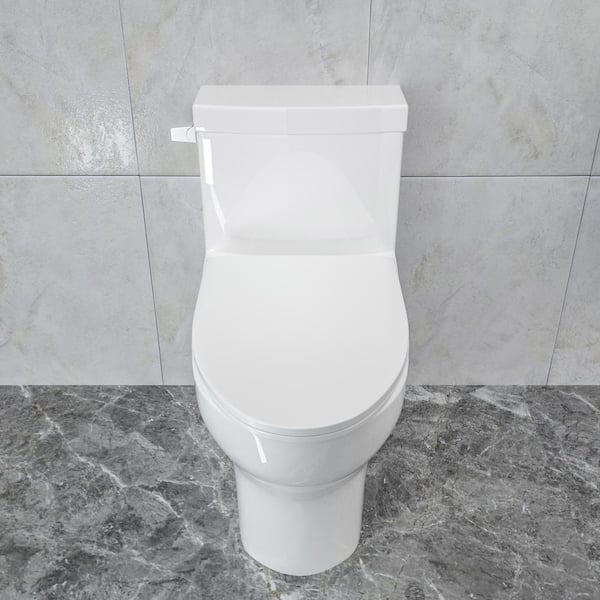 One-Piece 1.28 GPF Single Flush Elongated Toilet in White, Soft Close Seat Included