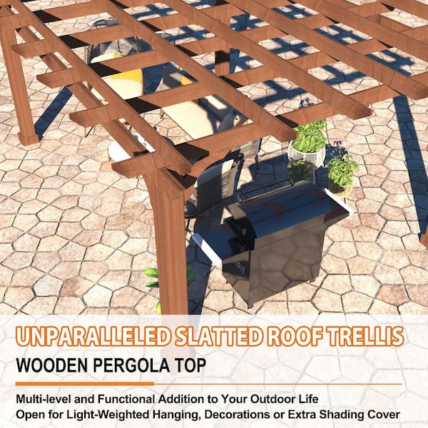 12 ft. W x 10 ft. D Cedar Wood Patio Pergola Shade Structure for Outdoor, Brown