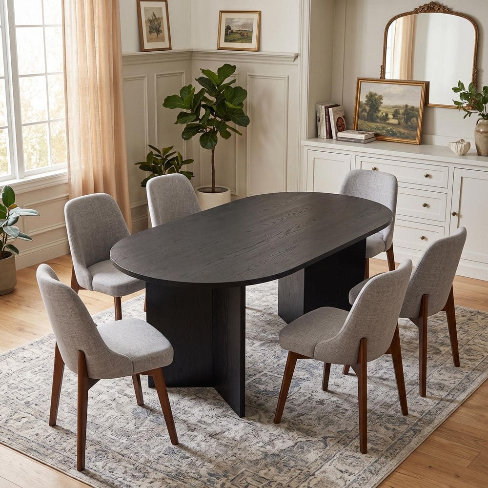 7-Piece Modern Oval Black Wood Top 67 in. Double Pedestal Base Dining Table Set Seats 6