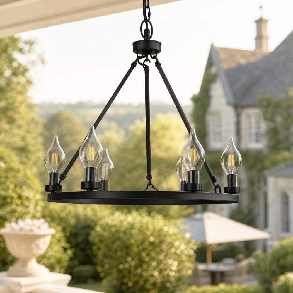 QRMOK 6-Light Black Wagon Wheel Chandelier, Semi-Outdoor