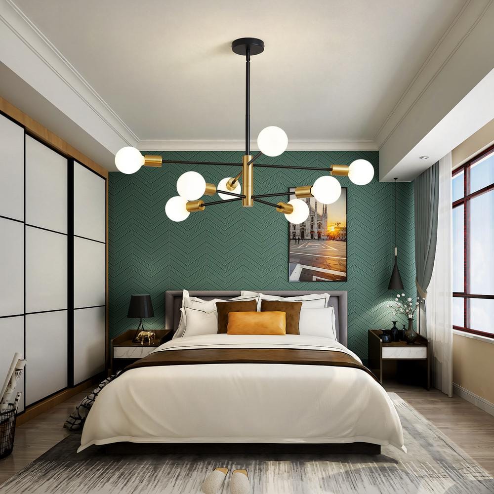 Black and Gold 8-Light Sputnik Chandelier with Adjustable Height