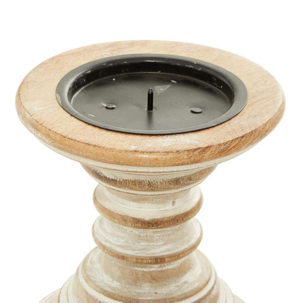 Rustic Light Brown Mango Wood Pillar Candle Holders, Set of 2