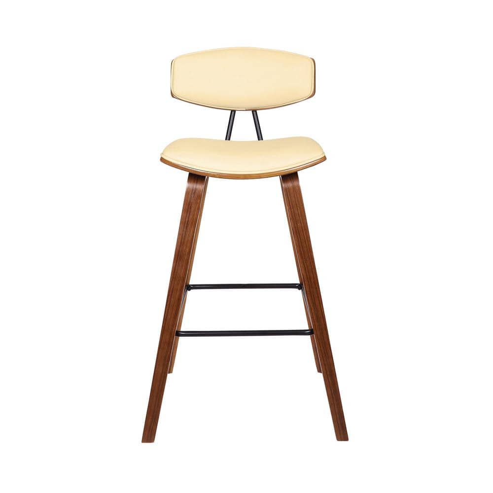 Contemporary Cream Faux Leather & Walnut Wood Bar Stool