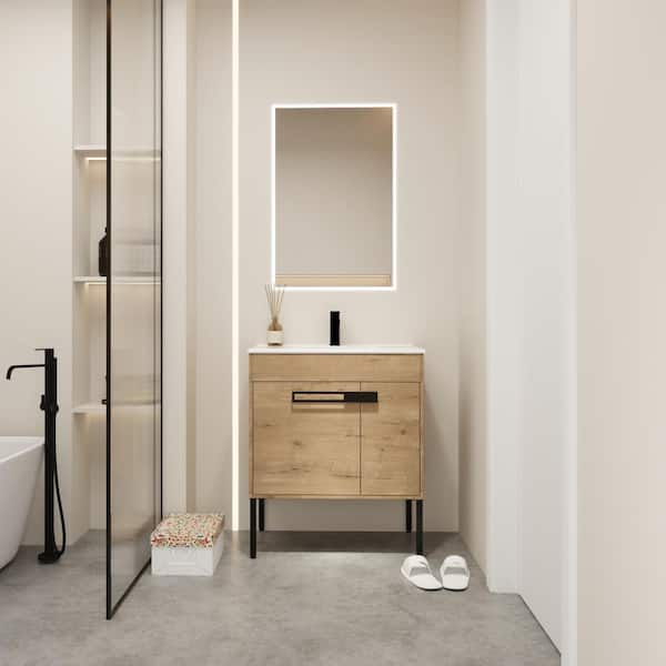 Unbranded 30 in. W x 19 in. D x 35 in. H Freestanding/Wall Single Sink Bath Vanity in Imitative Oak with White Ceramic Top