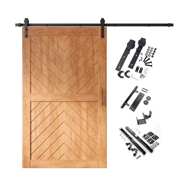 JT4 50 in. x 80 in. C-Panel Early American Fishbone Design Solid Pine Wood Sliding Barn Door with Hardware Kit