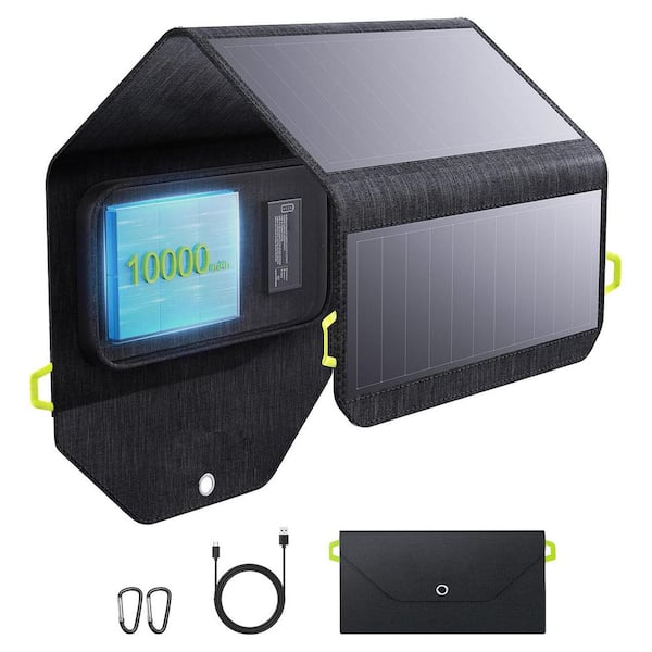 28W Portable Solar Charger with 10000mAh Power Bank Foldable Panels with USB-C and USB-A Ports Waterproof for Camping