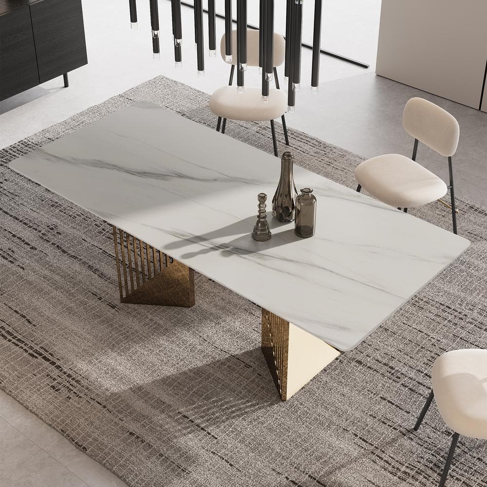 Modern Rectangle White Snowy Mountain Stone Slab Tabletop 55.12 in. Stainle