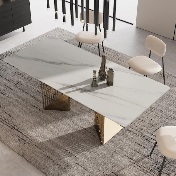 Modern Rectangle White Snowy Mountain Stone Slab Tabletop 55.12 in. Stainless Steel Double Pedestal Dining Table 4 Seats