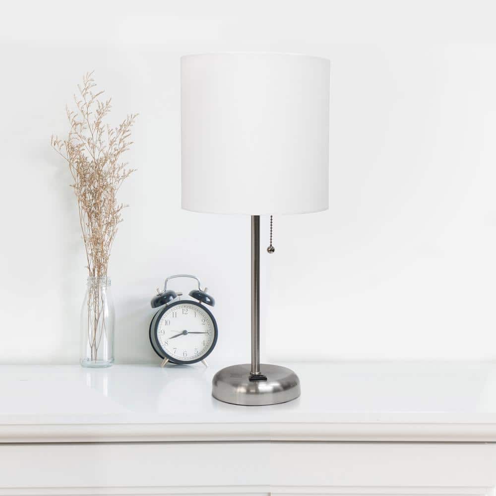 White Fabric Shade Brushed Steel Stick Table Lamp Set with Charging Outlet