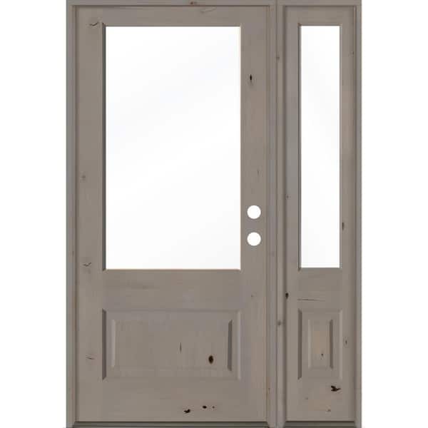Krosswood Doors 50 in. x 80 in. Farmhouse Knotty Alder Left-Hand/Inswing 3/4 Lite Clear Glass Grey Stain Wood Prehung Front Door w/RSL