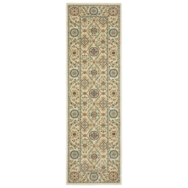 Fleetwood Ivory/Multi-Colored 2 ft. x 8 ft. Traditional Oriental Floral Polypropylene Fringe Edge Indoor Runner Area Rug